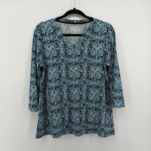 Investments Soft Separates Women's Blue Geometric Print V-Neck Tunic Top Size S